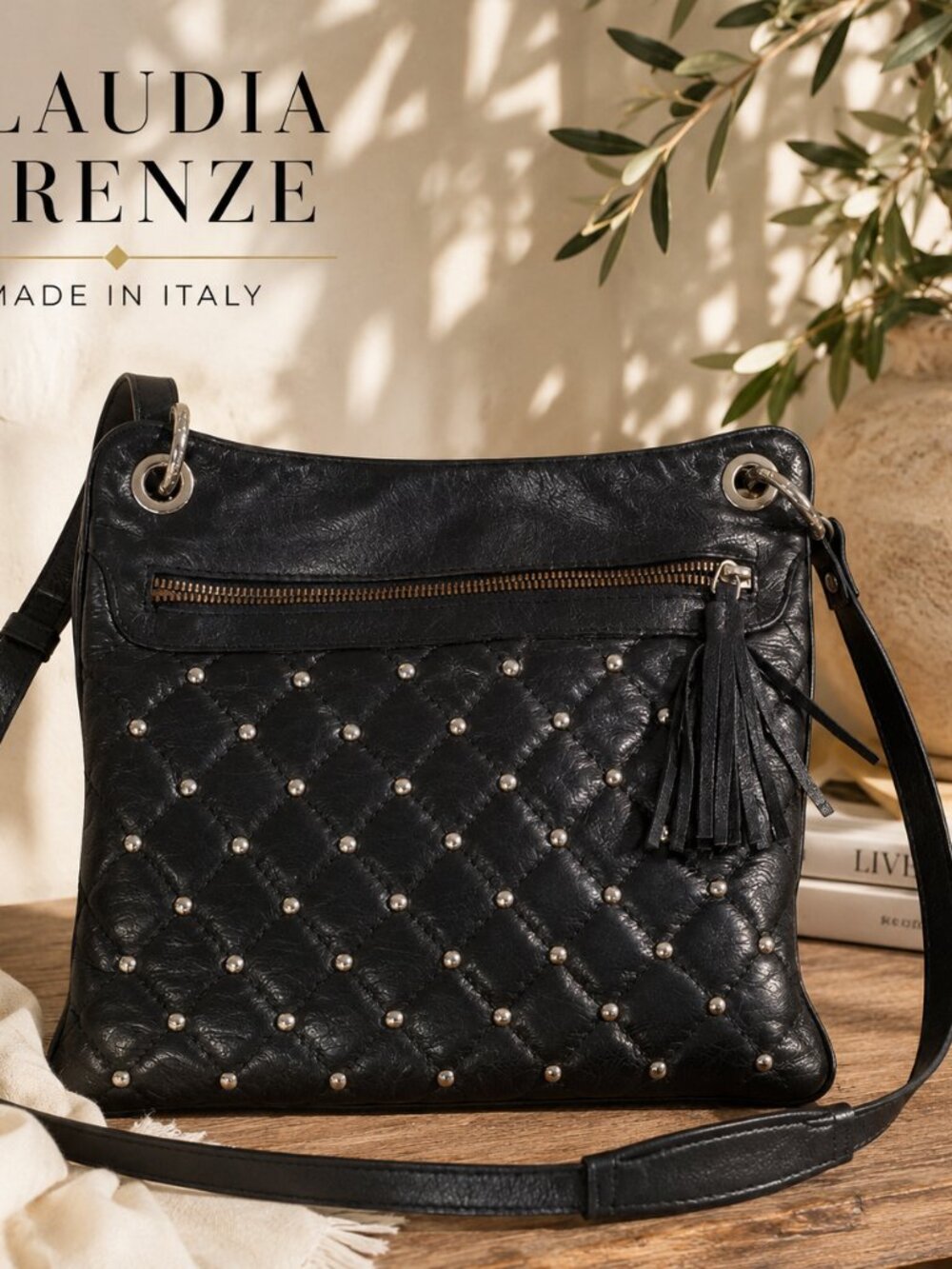 Claudia Firenze Black Studded Quilted Leather Crossbody Bag Italy Boho Luxe